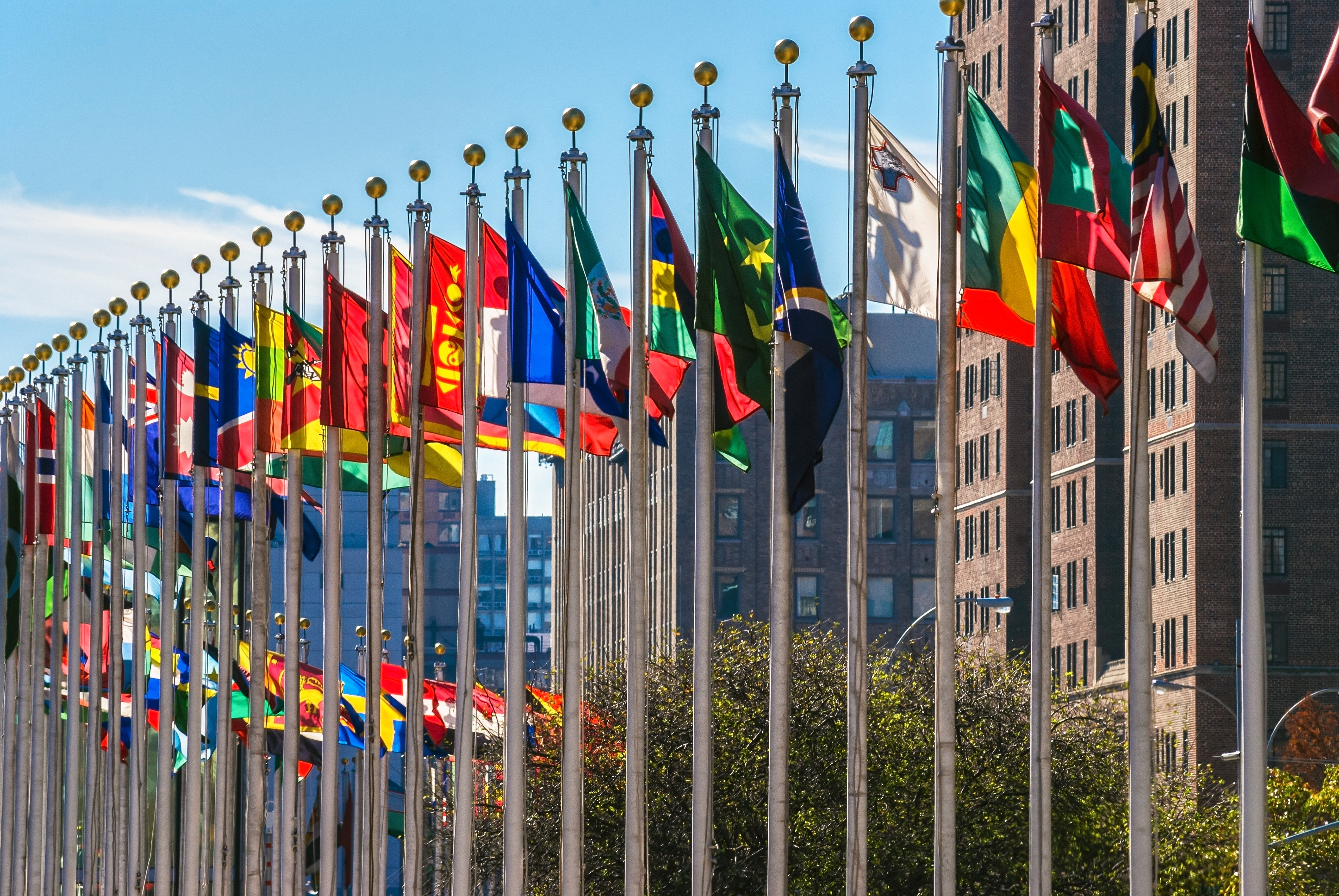 Row of world countries' flags on poles
